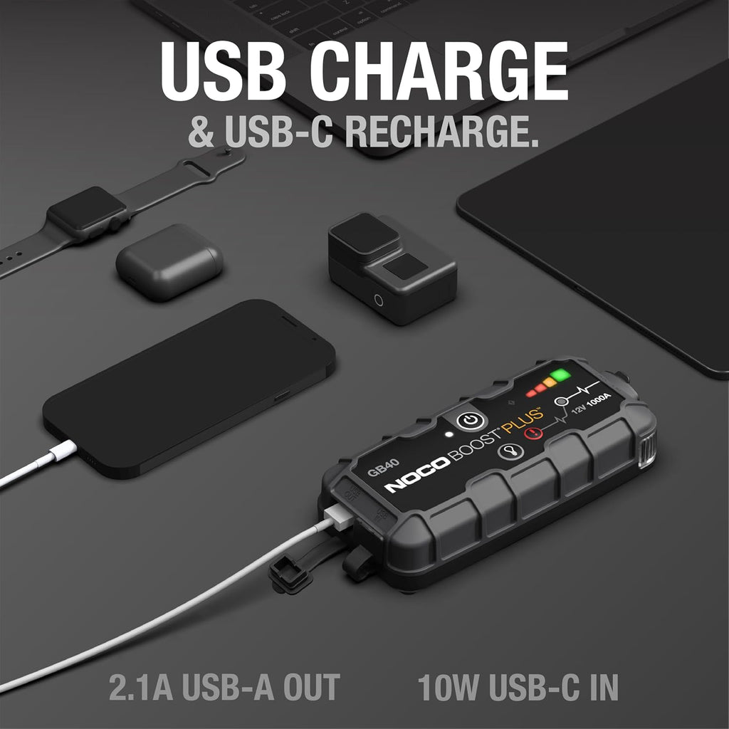 NOCO Boost GB40 12V 1000A UltraSafe Portable Lithium Jump Starter | Spark-Proof + Reverse Polarity Protection - Power Bank - 100-Lumen LED Flashlight - For 6.0L Gas and 3.0L Diesel Engines