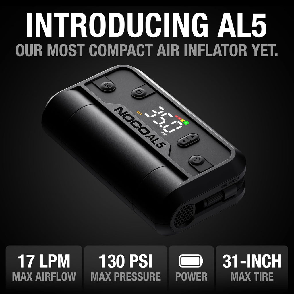 NOCO Air AL5: Cordless Tire Inflator – Portable Rechargeable Air Compressor with USB-C – 17 LPM Inflates 0–40 PSI in 7 Minutes – Digital Gauge + Auto-Shutoff – For Tires up to 31-Inches