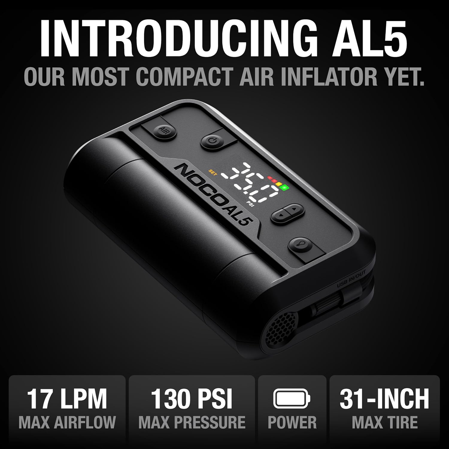 NOCO Air AL5: Cordless Tire Inflator – Portable Rechargeable Air Compressor with USB-C – 17 LPM Inflates 0–40 PSI in 7 Minutes – Digital Gauge + Auto-Shutoff – For Tires up to 31-Inches