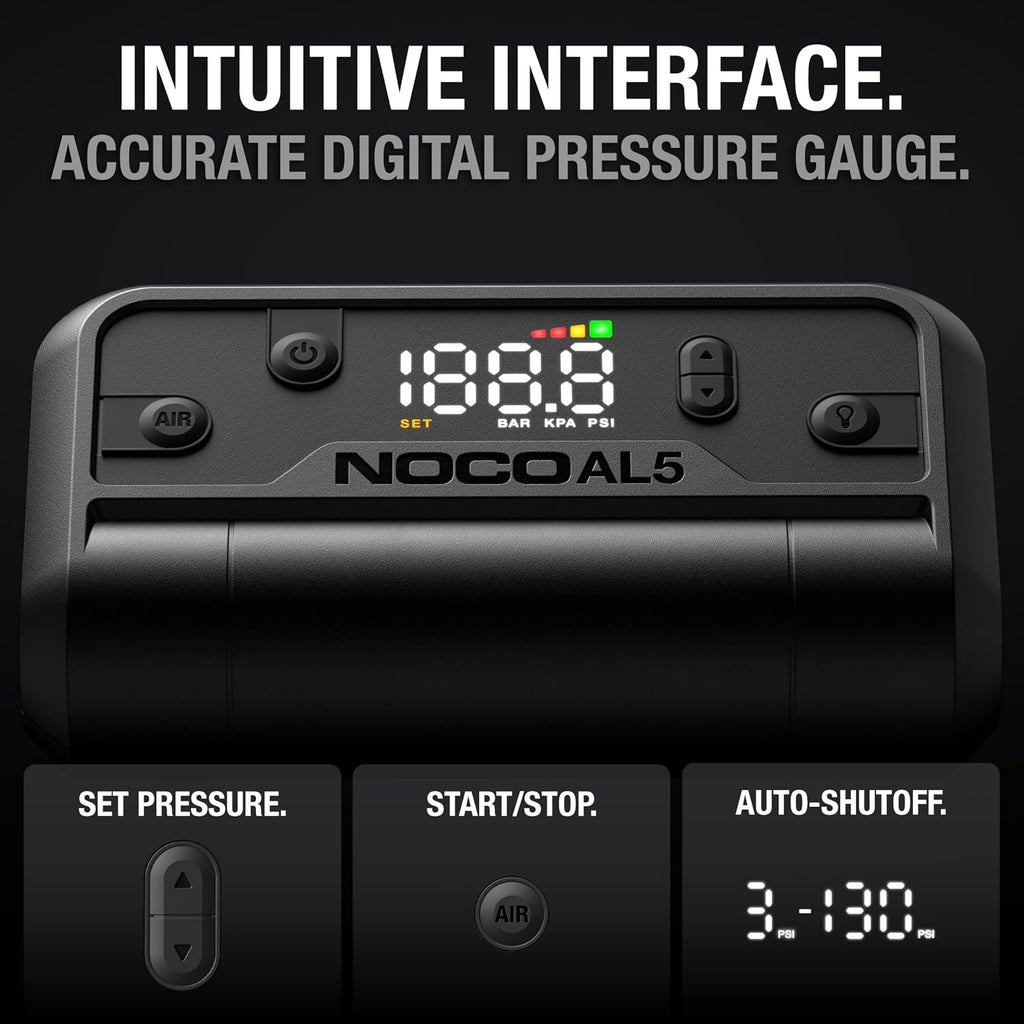 NOCO Air AL5: Cordless Tire Inflator – Portable Rechargeable Air Compressor with USB-C – 17 LPM Inflates 0–40 PSI in 7 Minutes – Digital Gauge + Auto-Shutoff – For Tires up to 31-Inches