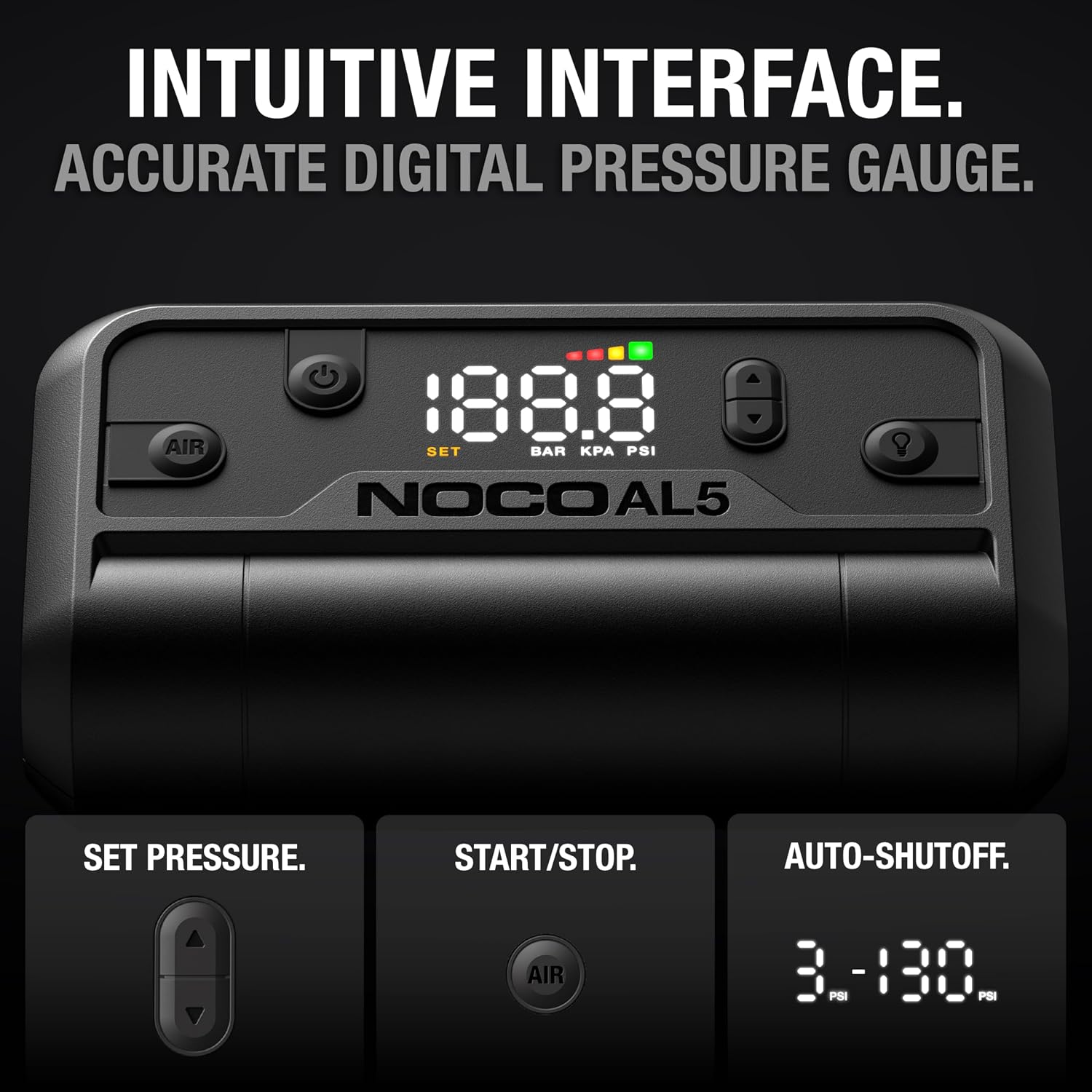 NOCO Air AL5: Cordless Tire Inflator – Portable Rechargeable Air Compressor with USB-C – 17 LPM Inflates 0–40 PSI in 7 Minutes – Digital Gauge + Auto-Shutoff – For Tires up to 31-Inches