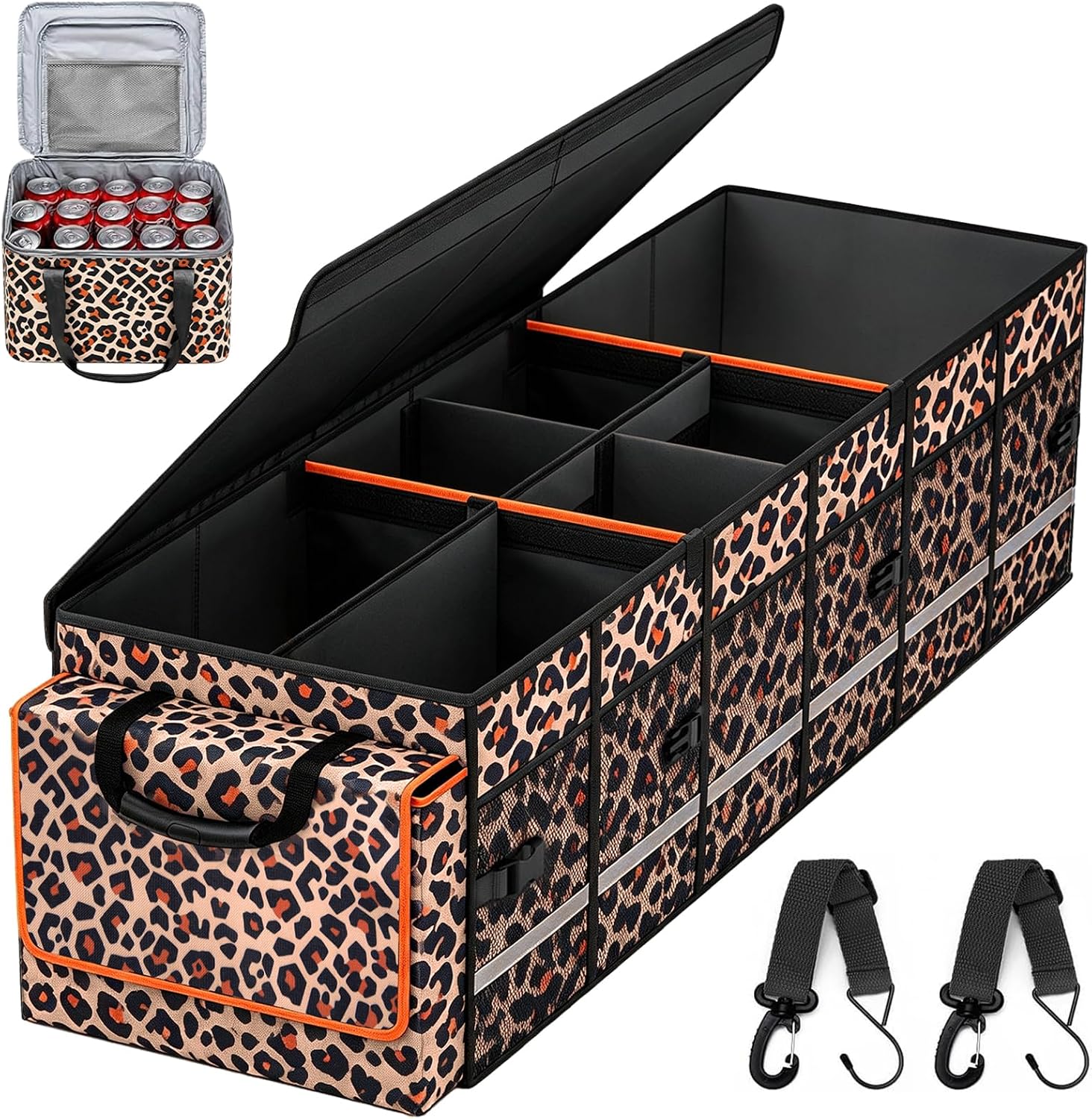 Car Trunk Organizer and Storage with Lid & Removable Leakproof Cooler Bag, Car Accessories 6 Removable Dividers for Custom Space, Collapsible Large Trunk Organizers Interior for SUV Sendan with Cover